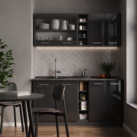 Cuisine R-Line, Anthracite brillant/anthracite, 160cm, PT Chêne, Vicco