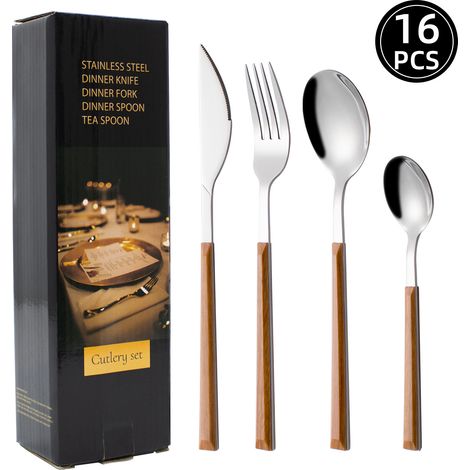 Ensemble de 16 couverts en acier inoxydable 430 avec manches en plastique imitation bois. (1/3)