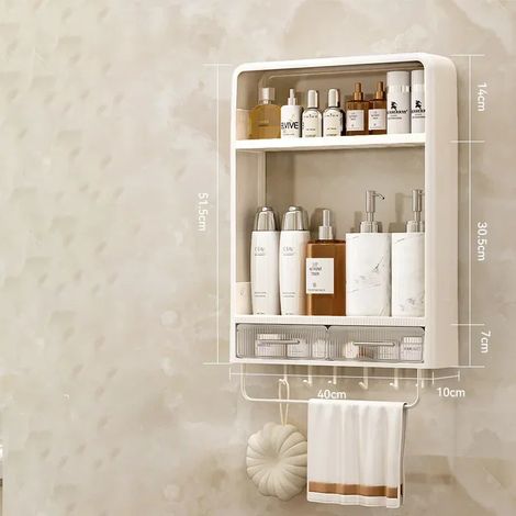 Étagère de rangement pour salle de bain (2 niveaux - crochet - tige) - Table de toilette - Étagère murale non perforée pour produits de soin - Organisateur de salle de bain (1/5)