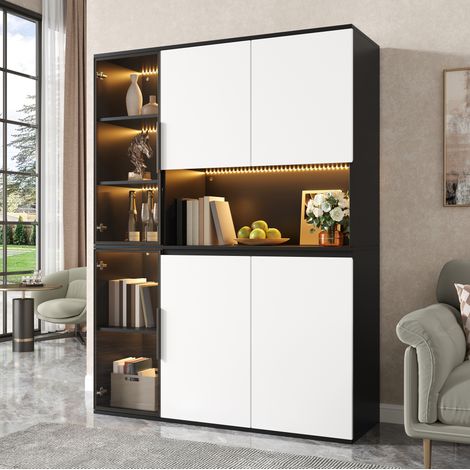 Vitrine haute 120x40x160 cm noir et blanc en MDF avec LED intégrées et rangements multiples (1/5)