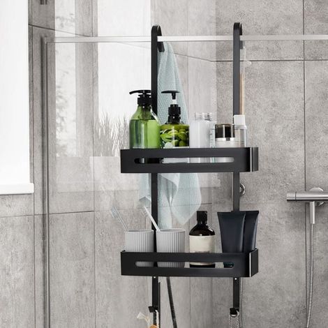 Étagère de Douche en Aluminium Extra Large 2 Serviteur de Douche sans Perçage à Suspendre Etagere Porte Shampoing Douche Suspenduavec Crochets, pour Salle de Bain, Cuisine, Noir Mat (1/5)
