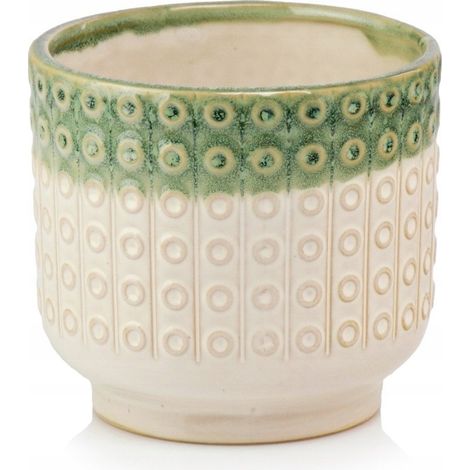 Pot de fleurs en céramique avec couvercle rond, beige et vert vintage, 14 cm