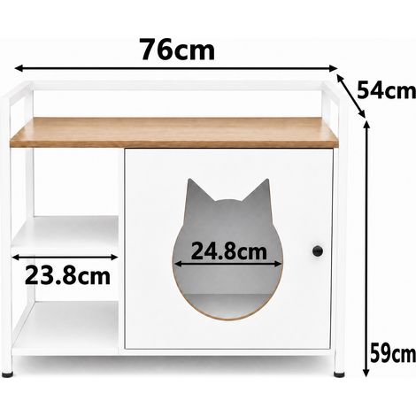 Meuble à litière pour chat multifonction avec ouverture tête de chat, table d'appoint à 2 étagères et rangement, mobilier chat moderne pour salon et chambre (Blanc et bois) (1/5)