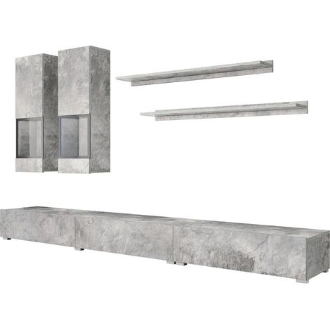Set salotto da parete RAMOS – Effetto cemento grigio – Mobile TV XL + vetrine + scaffali – Senza LED