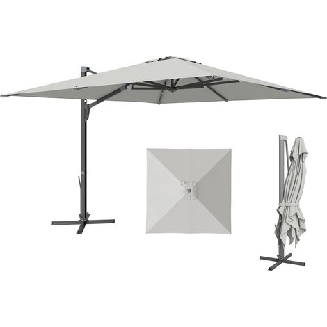 Ombrellone a Sbalzo con Manovella e Base a Croce, in Poliestere, Alluminio e Métalo, 365x297x256 cm, Grigio Chiaro
