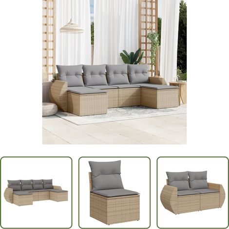 Gartensessel -  6-tlg. Garten-Sofagarnitur mit Kissen Beige Poly Rattan