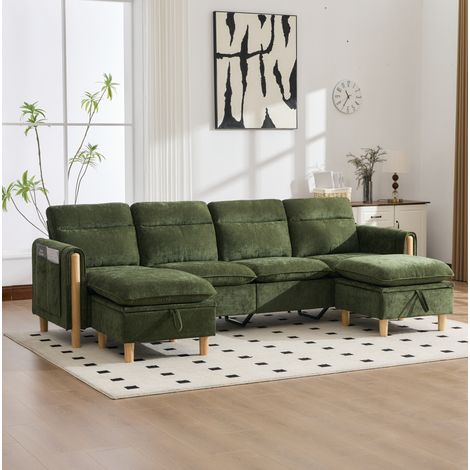 Divano modulare 261/77/86 cm verde in ciniglia con 2 pouf contenitore (1/5)