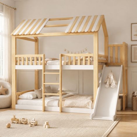 Cama litera infantil 90 x 200 cm con techo, tobogán 35 cm, estante, blanco y natural HAVRYA (1/5)