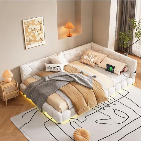 Cadre de lit coloris blanc en velours 214 x 152 x 64,5 cm (1/5)