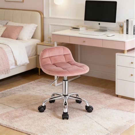 Chaise de bureau 38x31x56.5-68 cm rose en velours et métal, réglable en hauteur avec roulettes (1/5)