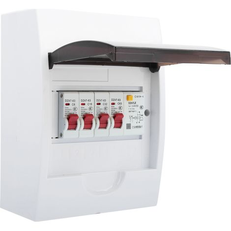 Tableau de distribution à 3 voies pour alimentation 230/400 V : disjoncteur différentiel 63 A 30 mA + 3 disjoncteurs miniatures (6 A + 16 A + 32 A) (1/5)
