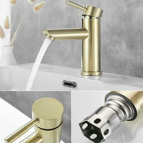 Robinet Lavabo Salle de Bain Design Moderne, Laiton Doré Brossé, Mitigeur à Eau Chaude et Froide ROBINETTERIE DE SALLE DE BAIN (1/4)