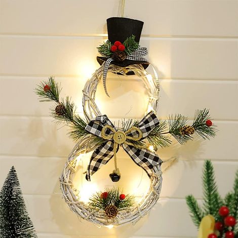 Guirlande De Noël En Rotin Avec Led - Forme De Bonhomme De Neige - Décoration Intérieure Et Extérieure - Pour Porte Mur Cheminée - 1 Pièce