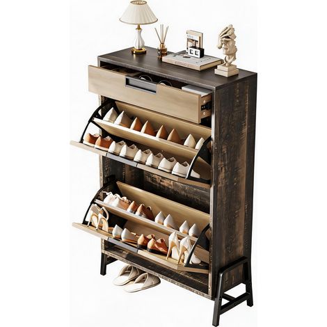 Armoire à chaussures vintage en bois naturel – 2 tiroirs basculants + 1 tiroir – Rangement étroit autoportant pour entrée ou dressing – Corps marron avec façades chêne naturel (1/5)