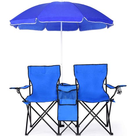 GOPLUS Chaise de Camping Pliante 2 Places avec Parasol, Poche Isotherme et Porte-gobelet,Fauteuil de Jardin Portable en PVC Ideal pour Randonnee, Plage, Peche Max 113 KG Bleu