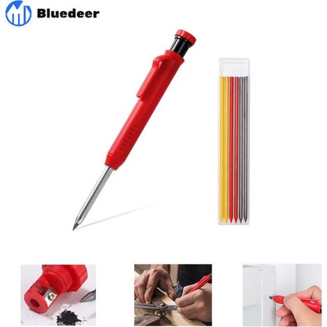 Crayon chantier-Crayon de charpentier avec 7 Recharges, solide et extensible menuisier taille-crayon intégré, outils marquage porte-mines pour Verre, Céramique, Bois, (Tischler Bleistift) (1/5)