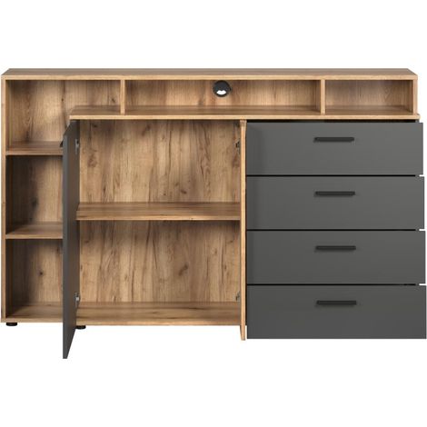Esteban buffet meuble TV 1 porte, 4 tiroirs, 5 étagères anthracite. (1/3)