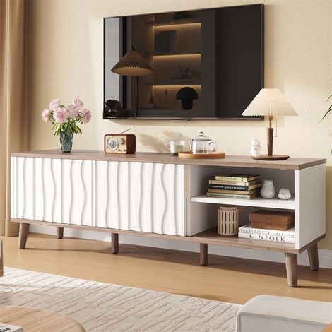 Meuble TV LED 160x40x52cm - Pour écran jusqu'à 70" avec portes coulissantes 3D et pieds en bois massif - Blanc et Noyer Foncé (1/5)