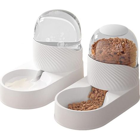 Automatisches Futter- und Wasserset für Haustiere, transparenter Wasserspender, abnehmbarer automatischer Katzenfutterspender, Hundetränke-Set, Weiß (1/5)