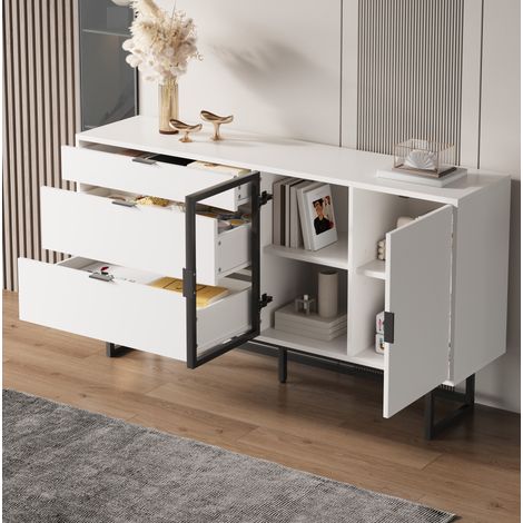 Madia 160 cm con vetrina in vetro, LED, 3 cassetti e armadietto, bianca DESVIAE (1/5)