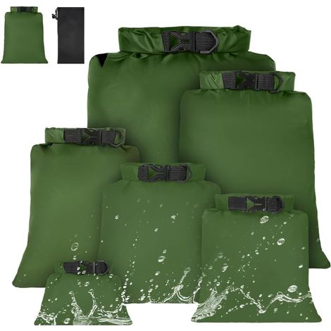 6 Sac étanche, 1.5L à 8L, Polyester 190T, Pliable, Vert, pour Kayak, Randonnée, Camping