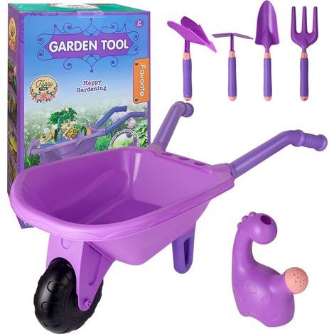 Outdoor Gardening Toys for Kids, Wheelbarrow, Shovel, Pitchfork, Rake, Spade, Trowel, Watering Can and Gloves, Gardening Tools Gift for 3-5 Year Old Kids
