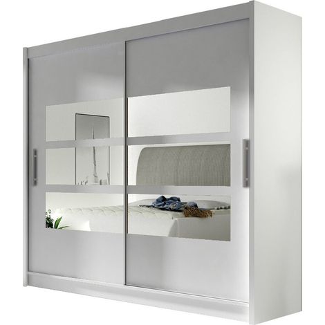Mobilier1 – Armoire coulissante blanche 215x180x58cm – 2 portes miroir – 5 étagères – Panneaux stratifiés et aluminium