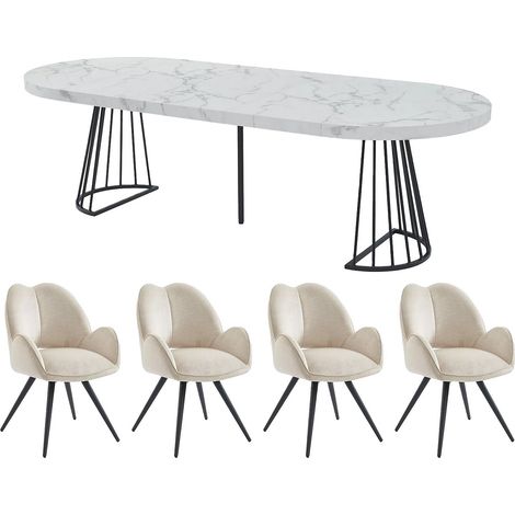 Set tavolo FIRELA + 4 sedie GULSUN Effetto marmo Bianco e Beige (1/4)