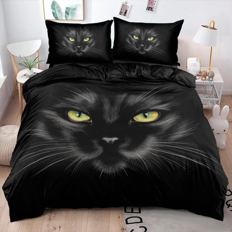 3D Katzen Bettwäsche 4-teilig 135x200 cm Mikrofaser Schwarz Wendebettwäsche mit Reißverschluss