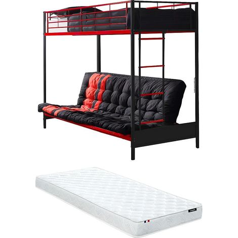 Lit mezzanine 90 x 190 cm - Avec banquette convertible - Métal - Noir et Rouge + Futon + Matelas - MODULO V (1/5)