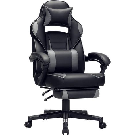 Silla gaming sillón de juego silla de oficina ajustable con reposapiés telescópico ergonómico mecanismo basculante reposacabezas soporte lumbar carga 150 kg negro y gris 120001433 (1/4)