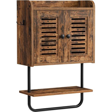 Armoire à Pharmacie, Armoire Murale pour Salle de Bains, Placard de Rangement, Meuble de Cuisine avec Volets, Plateau réglable, 2 Crochets, pour Salle de Bains, Marron Rustique EBF46CW01 (1/5)
