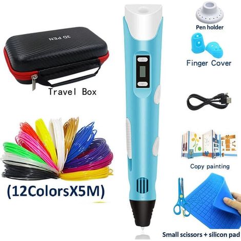 Stylo d'impression 3D - Kit de démarrage stylo 3D (bleu) - Kit de peinture stylo 3D - Jouet éducatif pour enfants et adultes - 5 m de consommables 12 couleurs (1/5)