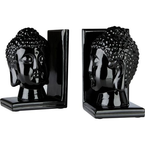 Premier Housewares Set Of 2 Black Buddha Head Bookends / Pair of Bookends for Book Shelves / Modern Book Stopper For Organising Books / Magazines / Papers 10 x 16 x 12