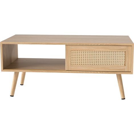 Tavolino da salotto in rattan con ante scorrevoli, gambe in legno, colore naturale 105 x 55 x 40 cm (1/5)