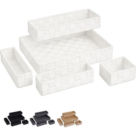 Set 5 Cassetti Portaoggetti in Tessuto impilabili - Trama Intrecciata 4 Scomparti Interni - Misura 34x26x6 cm - Contenitore salvaspazio per Accessori (1/3)