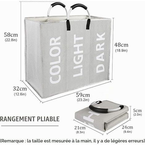 Foldable Laundry Basket 3 Compartments, Oxford Laundry Baskets 2 Handles 60 x 32 x 49 cm Bedrooms, Hotels, Dormitories, Light Grey (1/4)