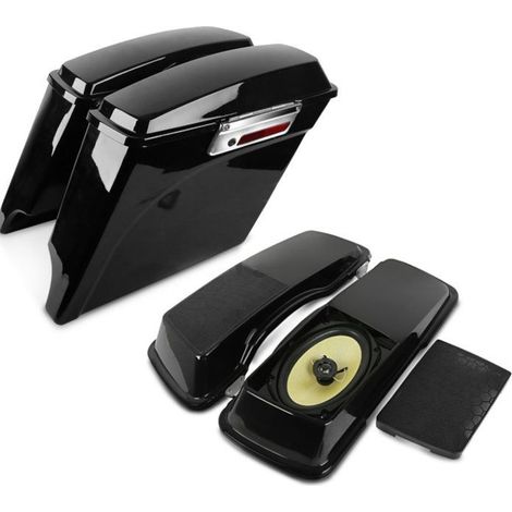 Starre Satteltaschen kompatibel mit Harley Davidson Touring 94-13 Verlängert 35Ltr in Schwarz + Deckel mit Lautsprecher
