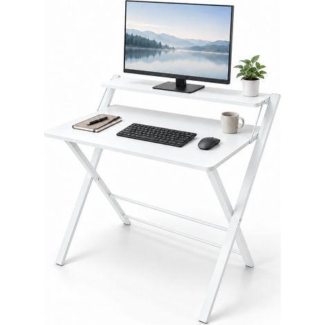 Relaxdays Folding Computer Desk, Monitor Riser, 82 x 70 x 56 cm, MDF, metal, home office, white (1/5)