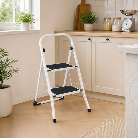 Escabeau Pliant 2 Marches, Marchepied Compact avec Verrou de Sécurité, pour Maison, Charge 150 kg, Blanc (1/5)