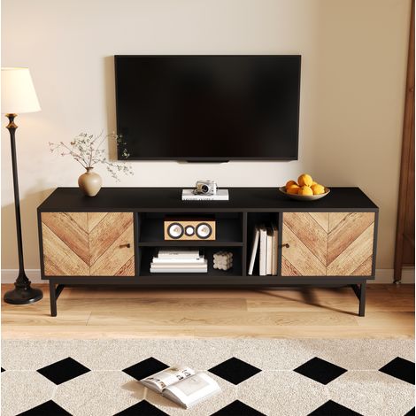 TV-Schrank 150x38x55 cm Schwarz und Natur in Holzoptik mit Metallbeinen und vielseitigem Stauraum (1/5)