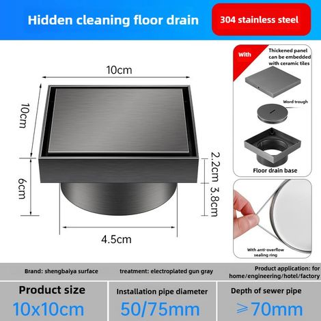 (Grey 10X10-4.5)304 Stainless Steel Straight Cleaning Port, Drainage Pipe, Ground Inspection Port, Sealed Large Displacement Floor Drain (1/4)