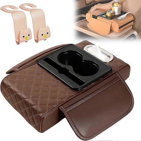 Tapis de rangement accoudoir voiture, organisateur console centrale 5 en 1, cuir PU universel, porte-gobelet, boîte à mouchoirs (1/5)