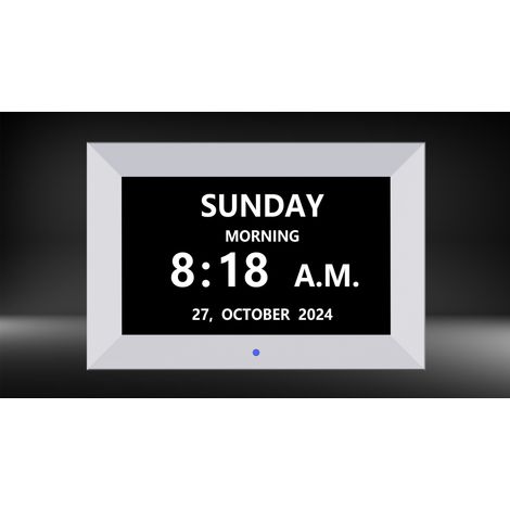 Nouvelle horloge numérique blanche de 7 pouces avec prise en charge des cartes SD, lecture vidéo, affichage du calendrier, réglage de l'alarme et fonctions de rappel.