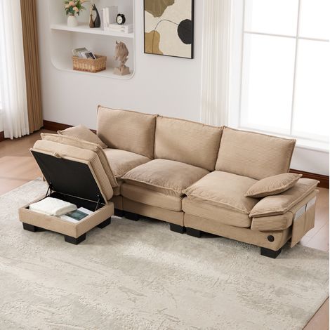 Sofá modular de 3 plazas en pana con ottoman, USB-C y bolsillos laterales, beige (1/5)