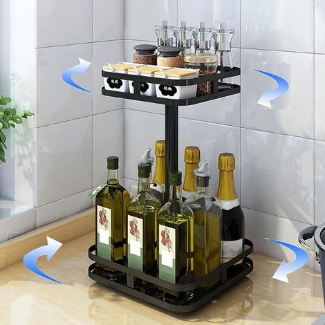 Porte-épices Rotatif à 360 Rangement Impressionnant Presentoir a Epices Facile a Monter en Inoxydable Multifonction Rotative pour Comptoir de Cuisine Organisateur Noir, (Carré, 2 Niveaux) (1/3)