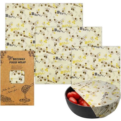 Set di 3 involucri in cera d'api con un grazioso motivo a ape e nido d'ape, disponibili in tre misure: piccola, media e grande. Confezione riutilizzabile e priva di plastica. (1/2)