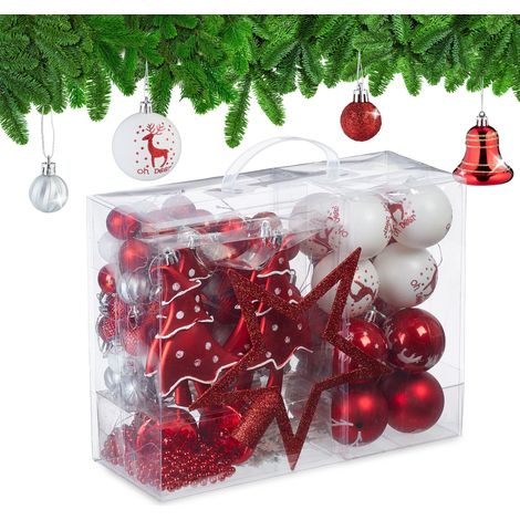 Relaxdays 103x Christmas Ornaments, Plastic, Tree Decor, Balls, Bells, Lace & Beads, Glittery, Matt & Shiny, Red/White