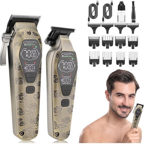 Kabelloser elektrischer Haarschneider für Herren, Schneideset mit 12 Führungskämmen, intelligentem LCD-Bildschirm für Friseursalons und den Heimgebrauch.
