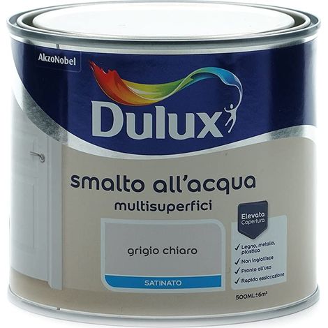 Dulux Smalto Satinato all'Acqua per Metallo Plastica e Legno Pronto all'Uso per Esterni e Interni, 0.5 Litri, Grigio Chiaro (1/5)